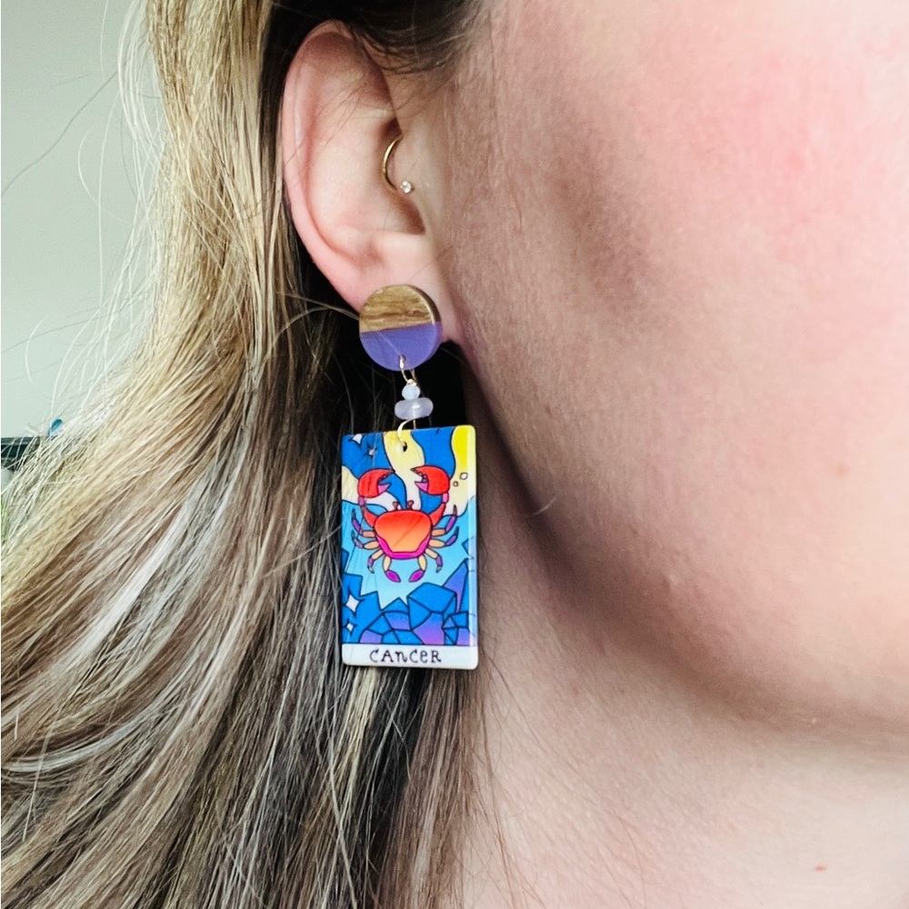 Cancer Zodiac Drop Earrings in Blue and Purple